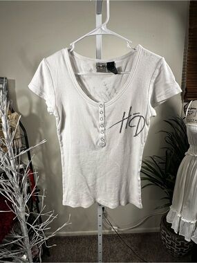 N235. Harley-Davidson White Short Sleeve Henley with Embellished HD Detail
